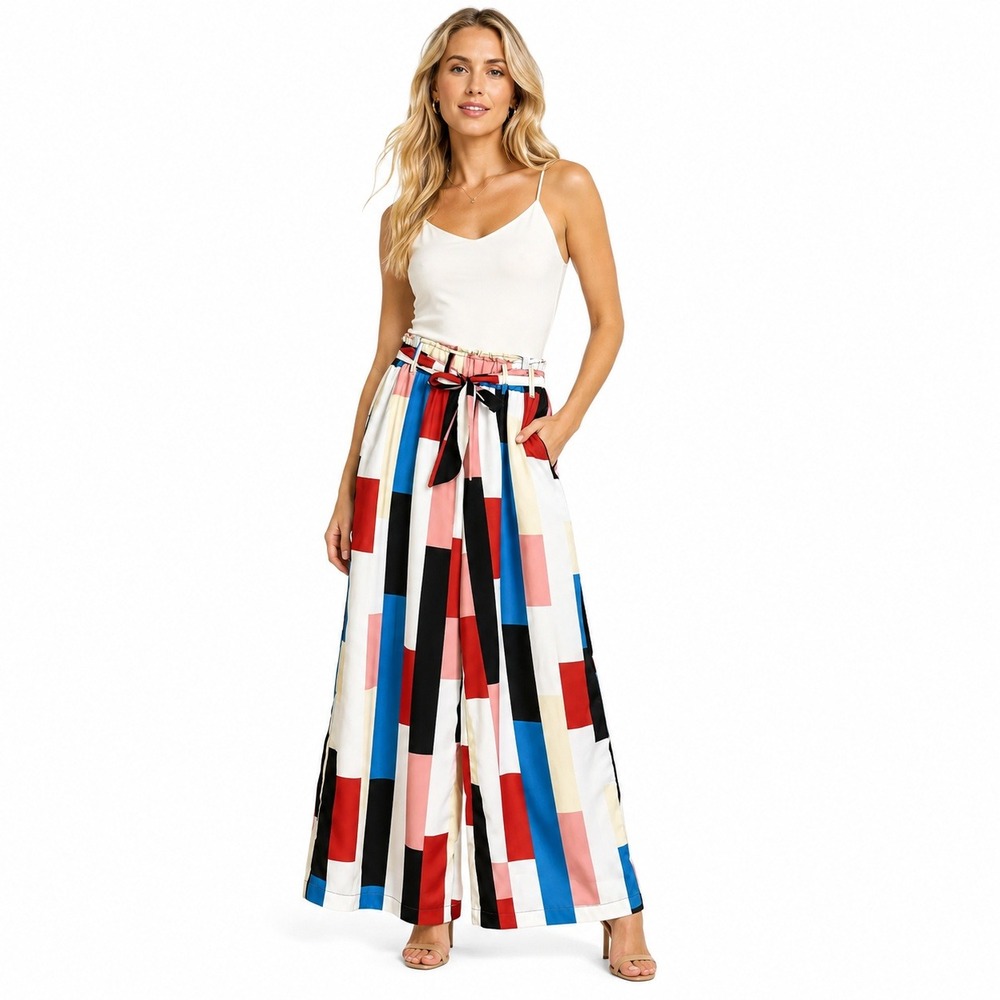 Catherine Catherine Malandrino Womens Wide Leg Colorblock Paperbag Pants‎ Red M